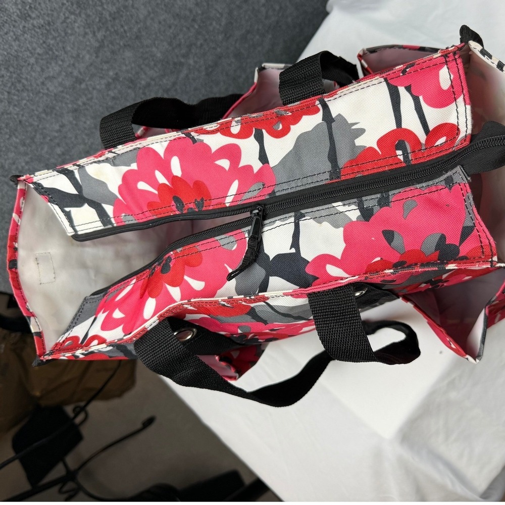 Thirty-One Zip-Top Organizing Utility Tote Red Grey Floral Multi Pocket Bag - Picture 7 of 9